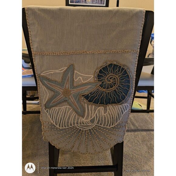 Pier One Table Runner 74” Coastal Embroidered Sea Shell Star Fish Neutral READ - Picture 1 of 12